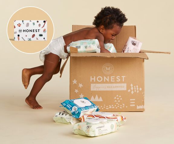 Diapers and Wipes box with baby and a bubble showcasing e-gift card