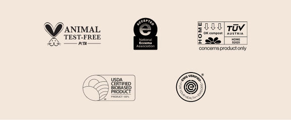Animal Test-Free, National Eczema Association, USDA Certified Biobased Product, Home OK compost TUV Austria