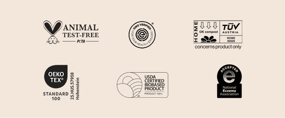 Animal Test-Free, National Eczema Association, USDA Certified Biobased Product, Home OK compost TUV Austria