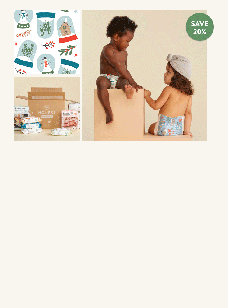2 toddlers wearing Honest Winter 2024 diaper prints. Depiction of bundle box