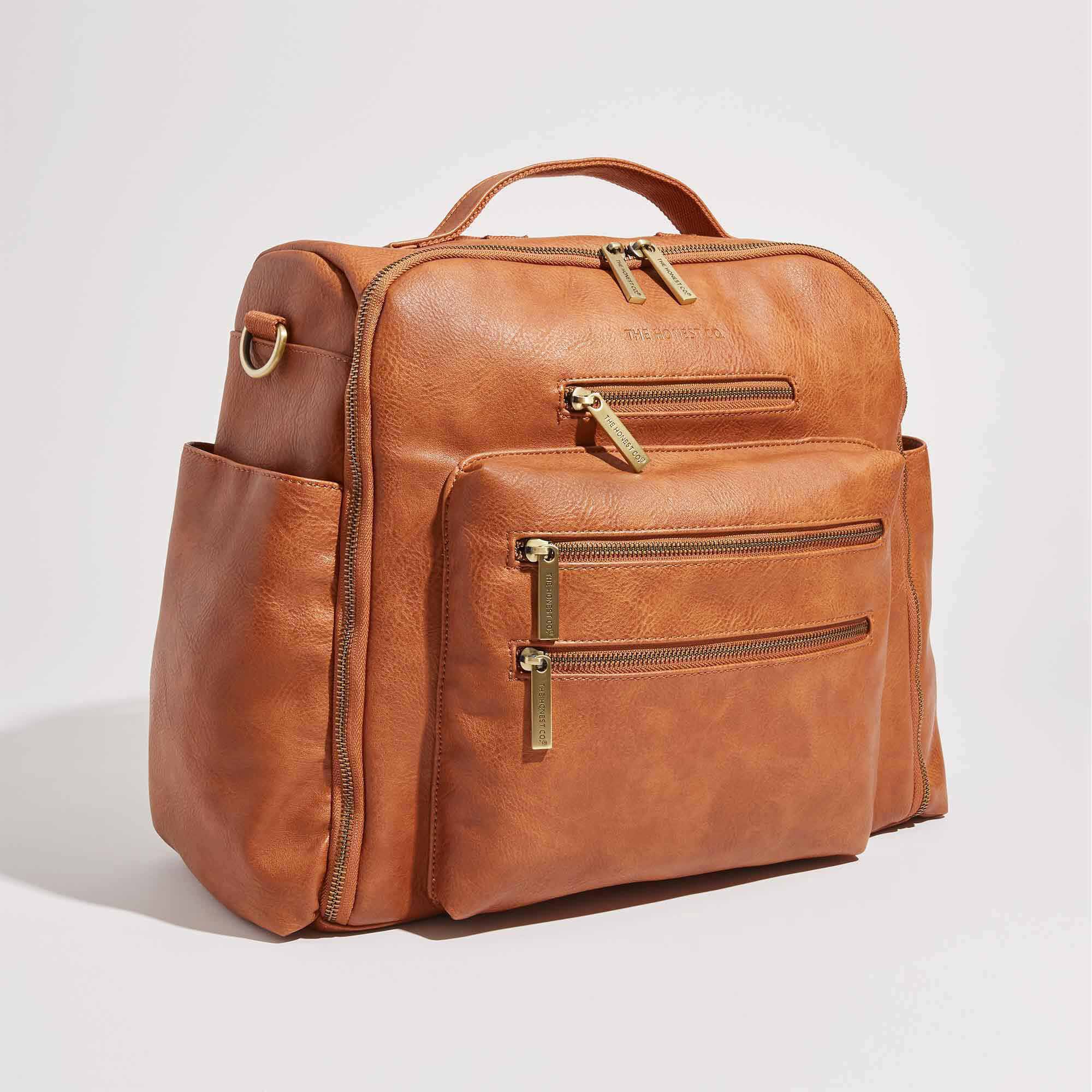 brown leather diaper bag, front of bag