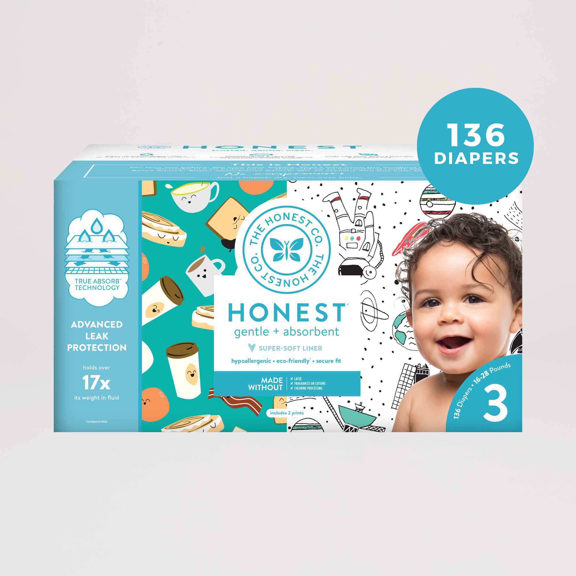68 Count Size 3 The Honest Company The Honest Company Club Box Diapers with Trueabsorb Technology Good Vibes Only 