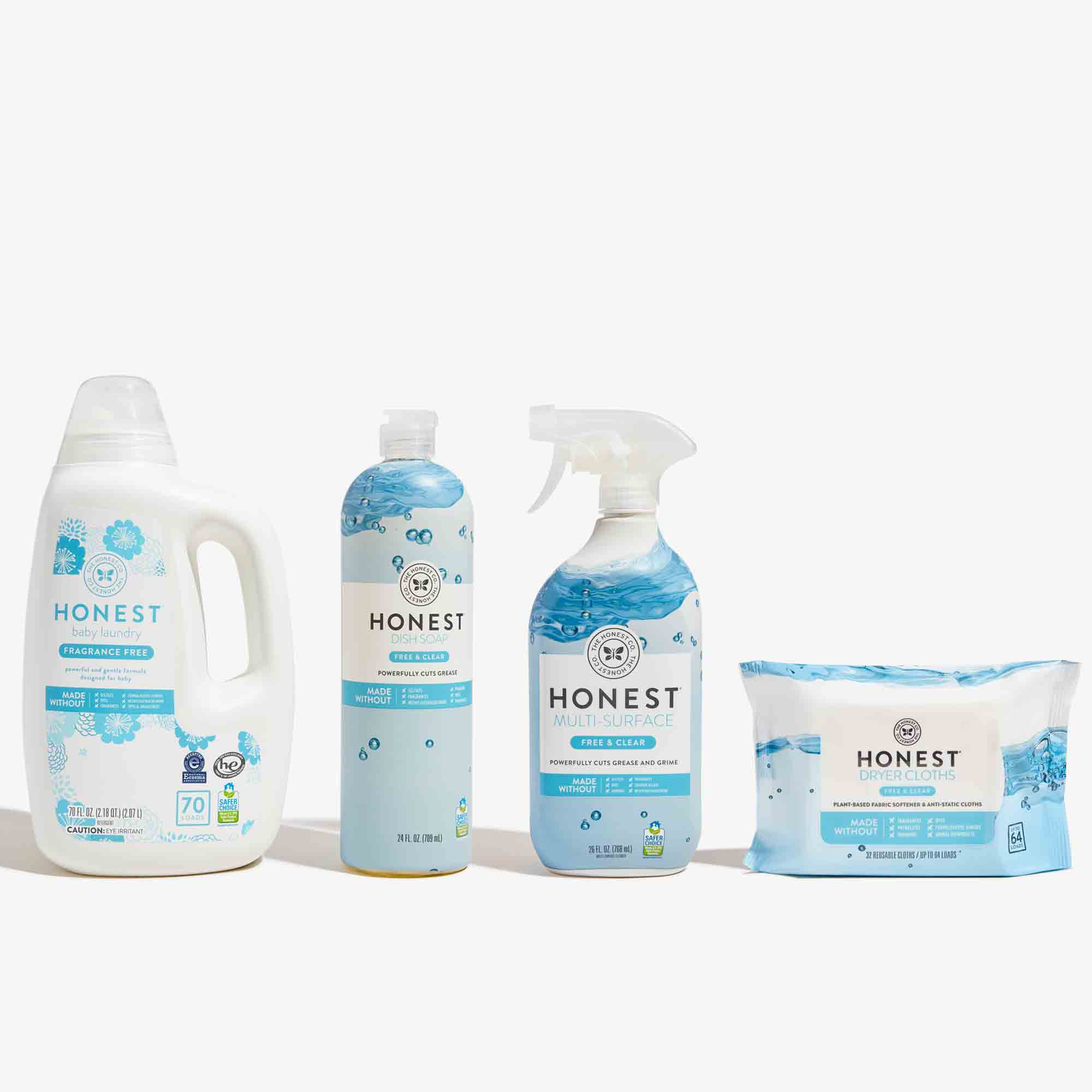 Laundry detergent, dish soap, spray cleaner, and disinfectant wipes from The Honest Co.