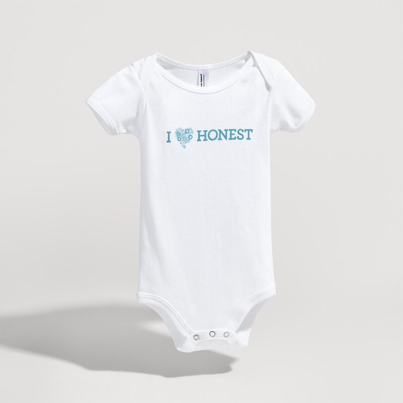 White Organic Cotton Bodysuit with "I love Honest" writing on the front