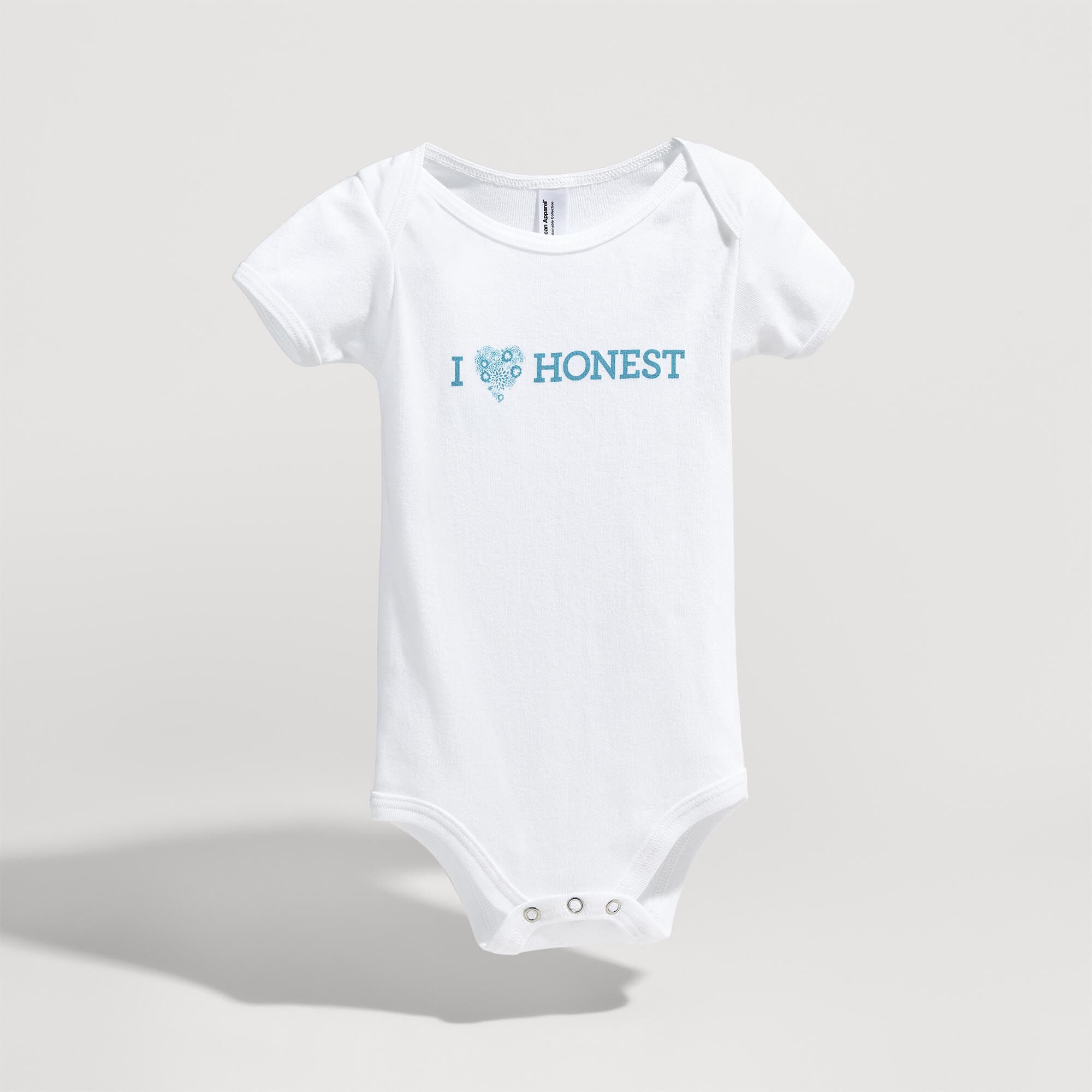 White Organic Cotton Bodysuit with "I love Honest" writing on the front