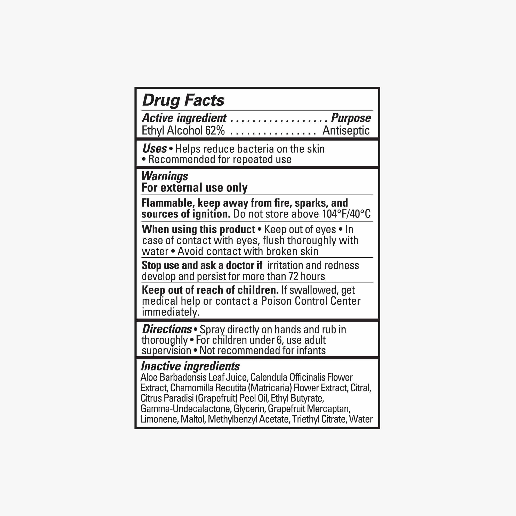 Grapefruit Grove scented Hand Sanitizer Spray drug fact panel