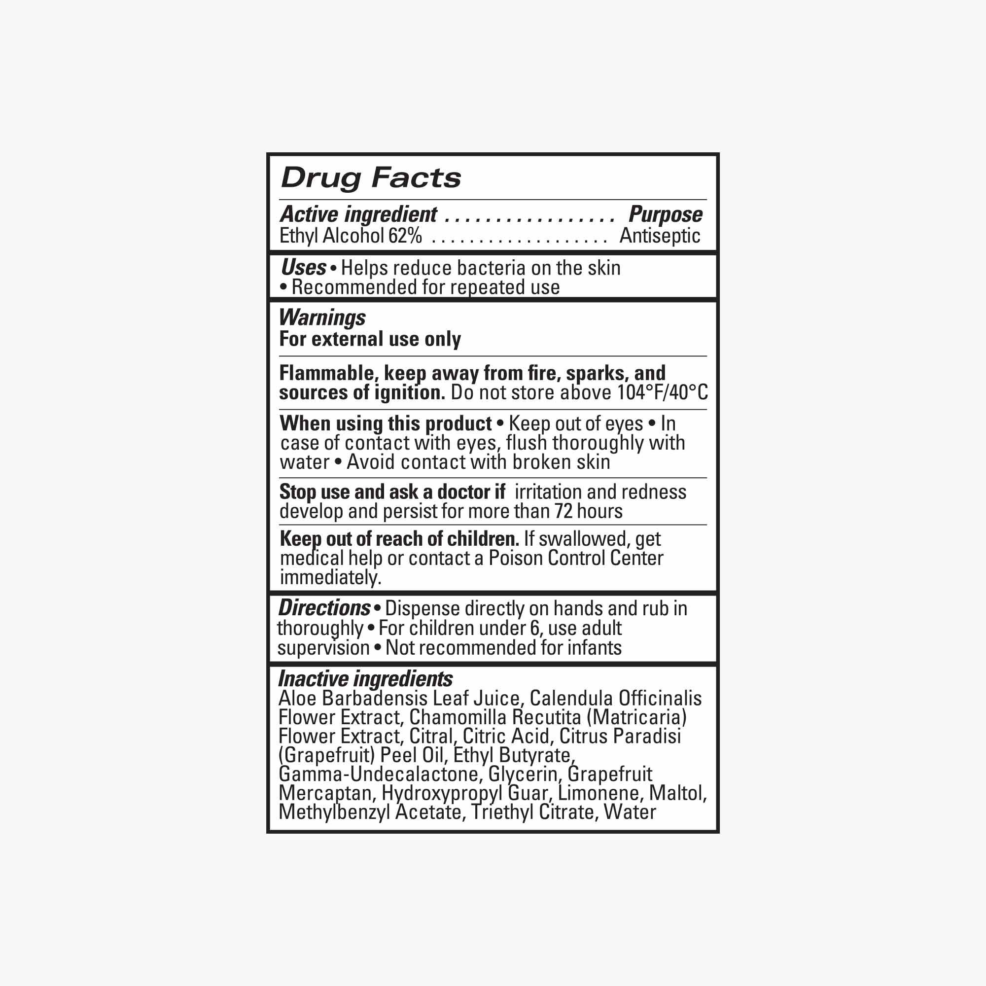 Hand Sanitizer Gel drug fact panel, free and clear scent