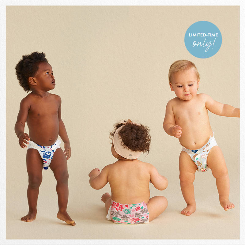 Baby wearing Honest Winter 2023 print diaper