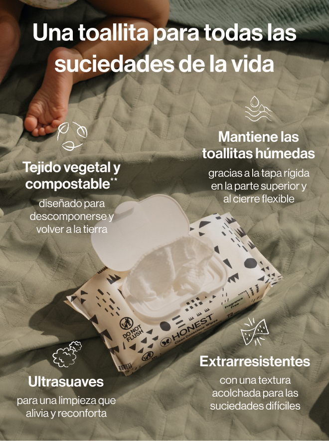 Una toallita para todas las suciedades de la vida. Tejido vegetal y compostable** - diseñado para descomponerse y volver a la tierra. Mantiene las toallitas húmedas - gracias a la tapa rigada en la parte superior y al cierre flexible. Ultrasuaves -  para una limpieza que alivia y reconforta. Extrarresistentes - con una textura acolchada para las suciedades difíciles.