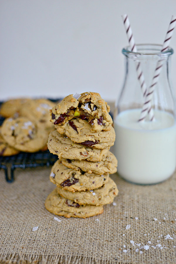 SALTED PISTACHIO DARK CHOCOLATE CHUNK COOKIES
