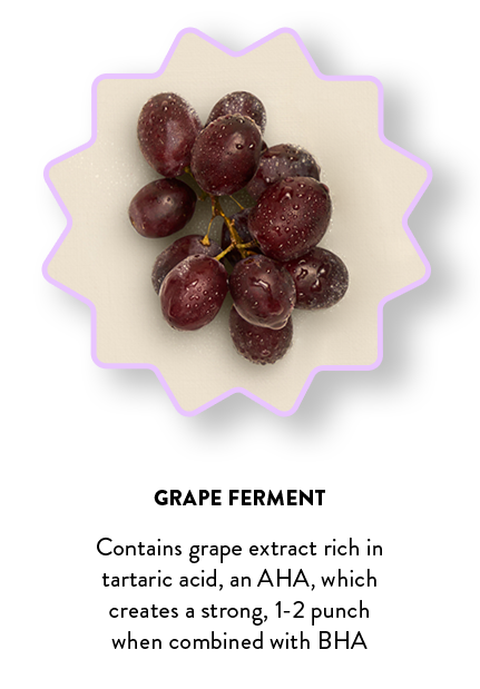 Grape Ferment. Contains grape extract rich in tartaric acid, an AHA, which creates a strong, 1-2 punch when combined with BHA